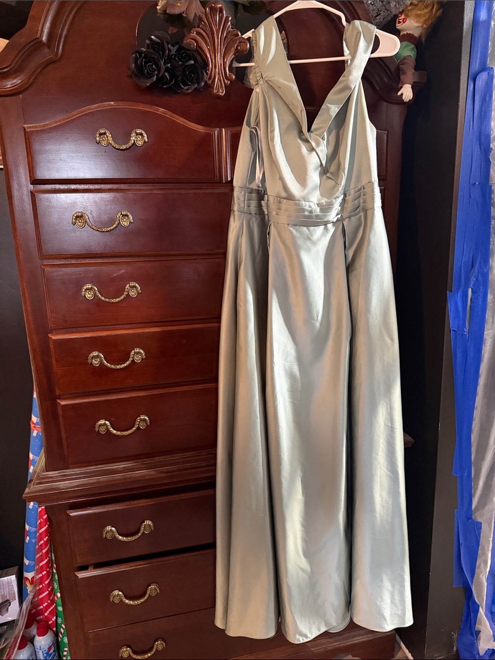 Oleg Cassini Sage Green Satin Prom Gown